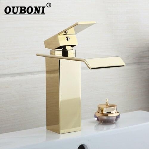 OUBONI Luxury Golden Polish Bathroom Basin Sink Mixer Tap Faucet Solid Brass Mixer Waterfall Tap Bathroom Sink Brass Tap