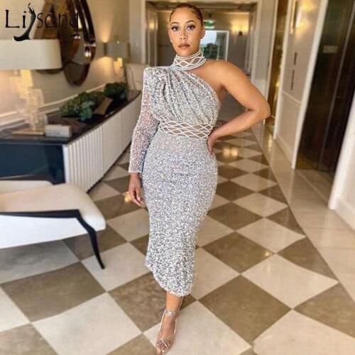 Silver One Shoulder 2020 Sequined Prom Dresses Chic Tea Length Cocktail Party Gown Mermaid Short Homecoming Dress vestidos