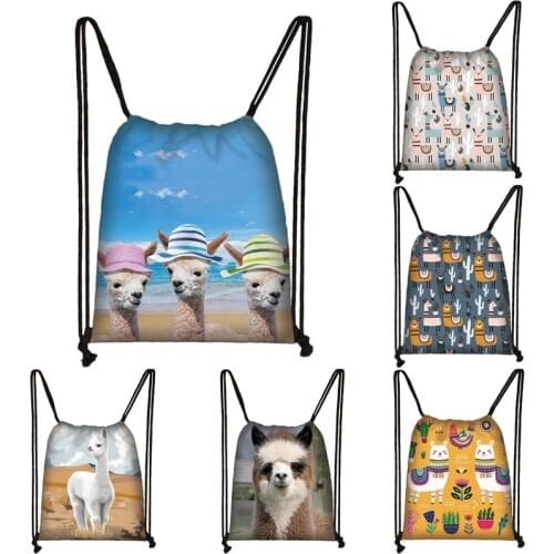 Cute Animal alpaca Print Drawstring Bag Ladies Storage Bag Women Fashion Shopping Bags Boys Girls Bookbag Kids Candy Bag