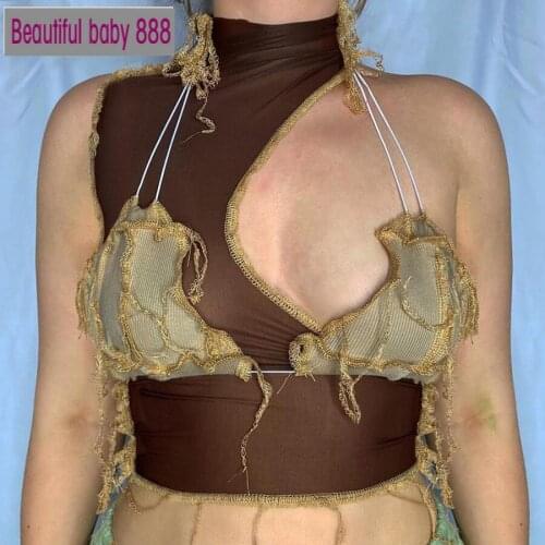 Meqeiss Vintage Artistic Tassel Patchwork Tank Tops Asymmetreical Hole Sleeveless Halter Skinny Corset Crop Top Indie Folk Sytle