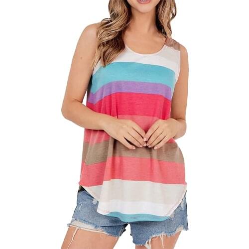Women Casual All-match Multi-color Stripes Printing Lovely Girls T-Shirt Women Round Neck Sleeveless Tank Tops Blouse Shirt
