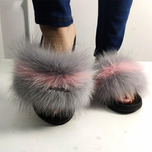 Ladies Real Fox Fur Slides Women Furry Plush Big Size Slippers With Raccoon Fur Shoes Female Fluffy Sandals Wholesale Flip Flops