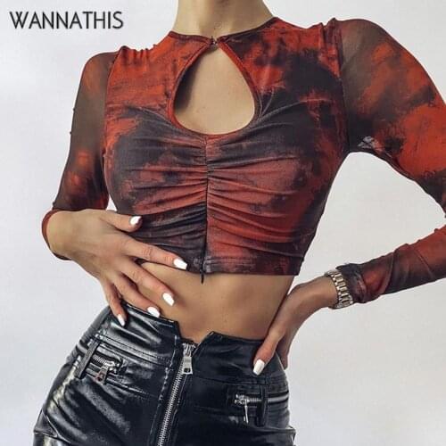 WannaThis Mesh Tops Women Long Sleeve Hollow Out Red Tie dye Sexy Zipper Split Hem Slim Elastics Female Cropped Shirts Fashion