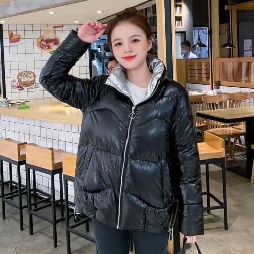 Fad Womens Winter Parkas Oversized Glossy Female Jacket Short Style Solid Casual Stand Collar Plus Size Thick Loose Overcoat