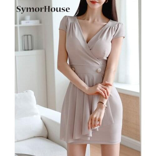 New V-Neck Elegant High Waist Ruffles Pencil Dress Women Summer Korean 2021 Slim Sheath Bodycon Dresses OL Office Wear Vestidos