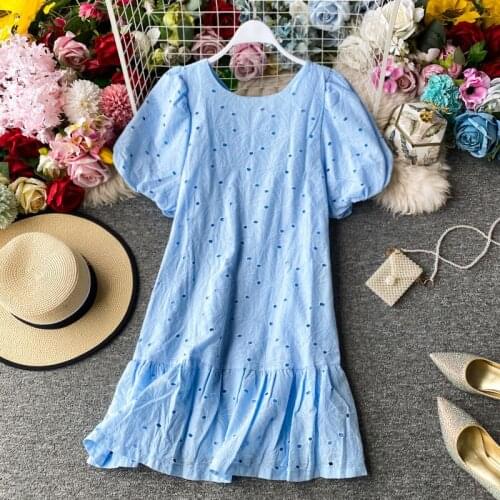 Vinatge Hollow Out Dress Women Summer 2021 Korean Puff Sleeve Party Dress Ladies Fashion Ruffles Solid Loose Women Dress Vestido