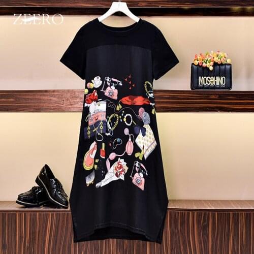 2021 Summer Korean Fashion Dresses for Women Round Neck Short Sleeve Printing Splicing Chiffon Black A-line Midi Dress Plus Size