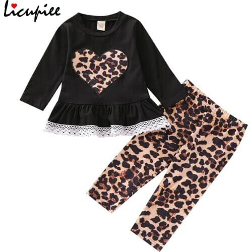 1-4 Years Newest 2pcs Infant Casual Outfits, Baby Girl Heart Pattern Long Sleeve Round Neck Lace Trim Pullover + Leopard Pants