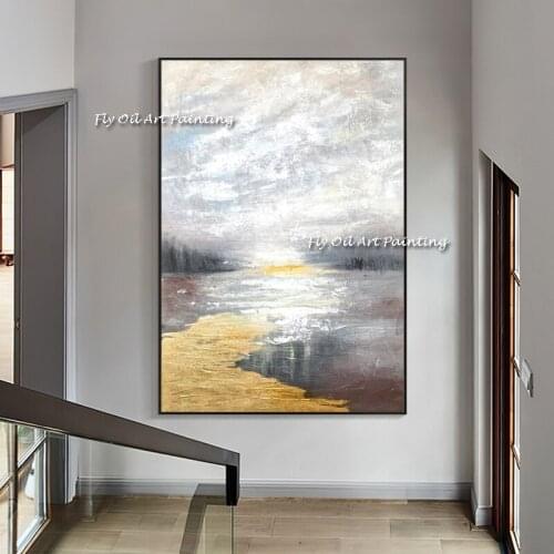 100% HandPainted Newest Abstract rive sunset Oil Painting Decorative Painting Simple Nordic Home Room Thick Gray Painting