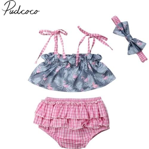 2019 Brand New Infant Kids Baby Girls Flamingo 3PCS Sets Sleeveless Belt Vest Pink Ruffled Plaid Short Headband Summer Clothes