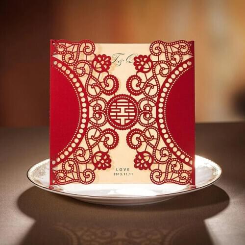 50pcs Wedding Invitation Card Chinese Red Laser Design Wedding Invitations Printable Blank Inner Sheets Invitation Cards