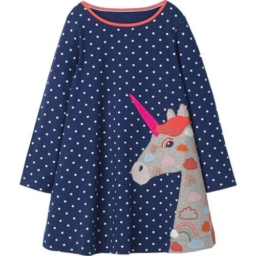 Bambino New Year2021 Unicorn Dress of Little Girls 2-7 Years Baby Blue Dots Dress Kid Party Clothes Children Long Sleeves Dress