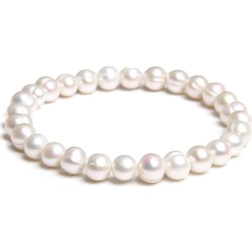 Round Pearls Beaded Bangles Simple for Men Women 7-8 Natural Genuine Pearl Elastic Bracelet Freshwater Baroque White Pearls Gift