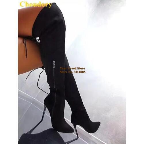 Choudory Black Suede Lace-up Stiletto Heels Long Boots Pointy Toe Zipper Dress Boots Nightclub Thigh High Boots Plus Size Shoes