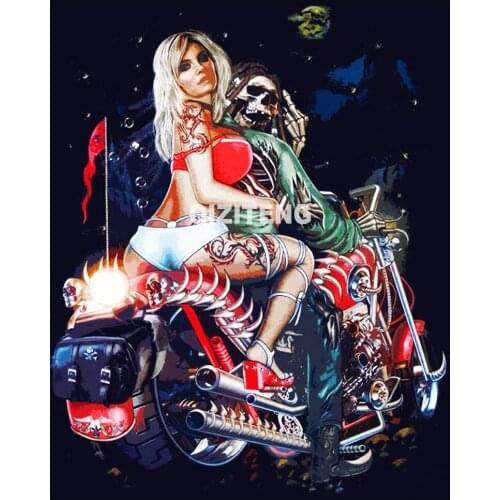 QIZITENG Rhinestone Picture Diy 5D Diamond Painting Skull Couple Motorcycle Full Square&Round Diamond Embroidered Mosaic