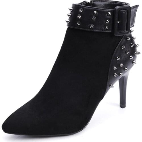 Frosted Stiletto Boots Womens Rivet Belt Buckle Fashion High-heeled Short Boots Plus Velvet Warm Pointed Fashion Ankle Boots
