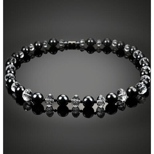 Fashion Unisex Black Hematite White Crystal Necklace Round Strand Beads Magnetic Nature Stone Jewelry for Fine Gift