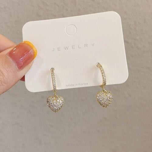 2021 New Fashion Lovely Heart Drop Earrings Contracted Sweet Shining Rhinestone Earrings for Women Temperament Jewelry