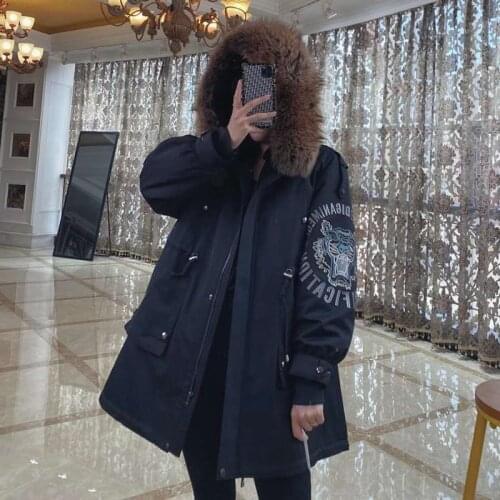 Parka warm Thick real fur coat winter women genuine raccoon fur collar female warm jacket plus size Tiger head pattern