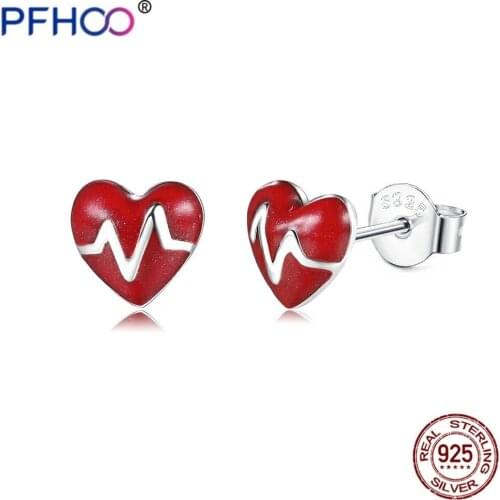 PFHOO 925 Sterling Silver Red Enamel Heart Heartbeat Stud Earrings For Women Hypoallergenic Silver 925 Jewelry For Girlfriend