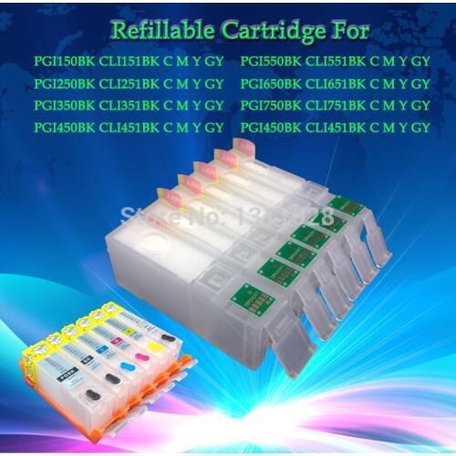 PGI-650 CLI-651Chipped Refillable Cartridges for PGI-650BK CLI-651BK C M Y GY for PIXMA MG6360, 1 SET, 6 PCS, Free shipping
