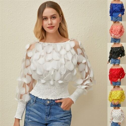 Sexy Off Shoulder Womens Tops And Blouses 2020 Mesh Sheer Puff Sleeve Tops Summer 3D Flower Vintage White Women Shirt Blouse