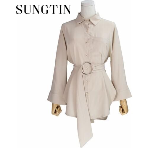 Sungtin Loose Lace Up long Lady Office Blouses Women Spring Autumn Metal Ring Sashes OL Shirts Female Long Sleeve Lapel Mujer