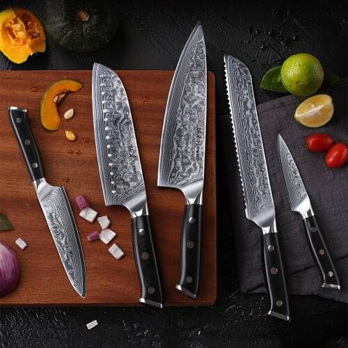 TURWHO High-Quality Kitchen Knives Set 5 PCS Super Sharp Japanese Damascus Steel Knives Kitchen Multi-Function Cooking Knife Set