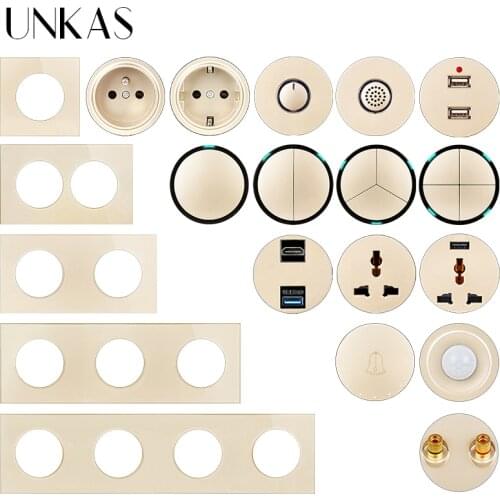 UNKAS DIY Free Combination 1 2 3 4 Gang 1 / 2 Way Click On / Off Light Switch Dual USB Doorbell Gold Glass EU French Socket