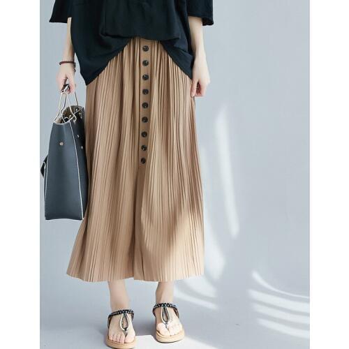 New Harajuku Mid-calf Skirt Korea Retro Solid Pleated Faldas Autumn Women Skirt Leisure Button Loose Cotton Linen Skirts Female