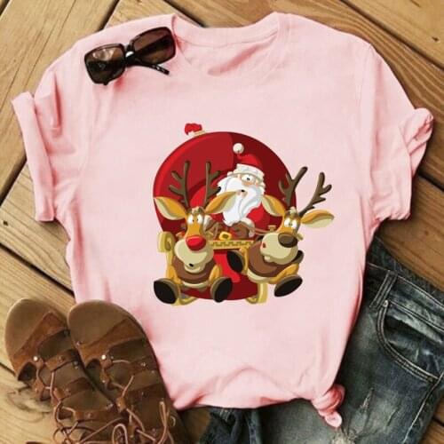 Suitable All Seasons Female Pink Tshirt Merry Christmas Santa Claus Graphic Print Women T-shirt Unisex Short Sleeve Tops Tee