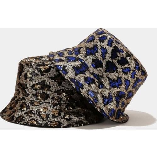 Women Fisherman Hat Sequins Leopard Pattern Stage Performance Bucket Basin Cap