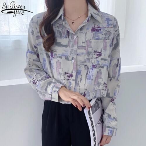 Korean Autumn New Vintage Long Sleeve Womens Blouse 2021 Fashion Printed Chiffon Blouse Single Breasted Shirts Women 11139