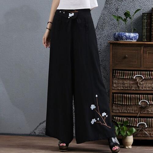 Ethnic Pants Women 2019 Elastic Waist Skirt Pants Embroidery Vintage Trousers Cotton Linen Traditional Chinese Pants TA1431