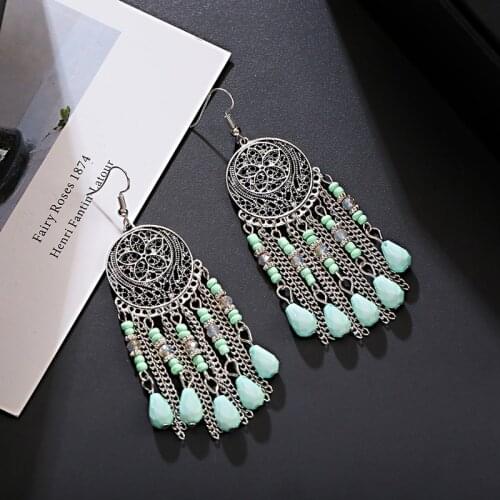 Womens Round Alloy Beads Tassel Drop Earrings Tibetan Jewelry Ethnic Gypsy Long Bohemian Ladies Wedding Earrings