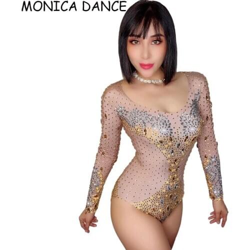 Women Sparkly Silver Gold Rhinestone Long Sleeve Bodysuit Birthday Celebrate Nude Outfit Women Dancer Show Wear Prom Bodysuit