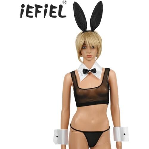 Women Bunny Cosplay Costume Outfit Rabbit Ears Headband Collar Bowtie Cuffs Set for Halloween Role Play Bachelorette Parties