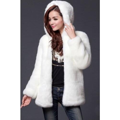 Pure color hooded casual imitation rabbit fur coat new round collar warm loose coat women fur coat coat women black fur coat
