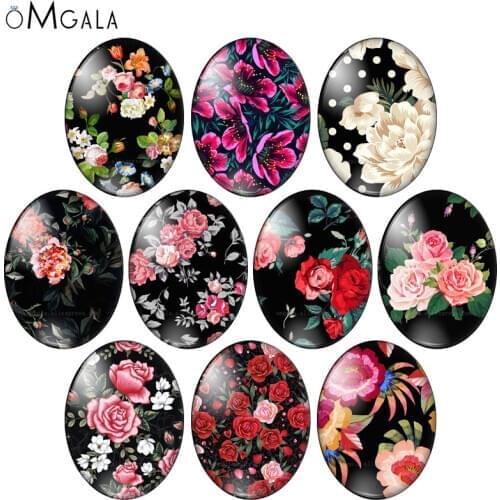 Black Background Red Rose Flowers 10pcs 13x18mm/18x25mm/30x40mm Oval photo glass cabochon demo flat back Making findings