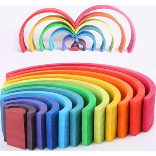 12 Pcs/lot Wooden Rainbow Toy Baby Rainbow Blocks Montessori Building Blocks Wooden Rainbows Nesting Puzzle Educational Toy Gift