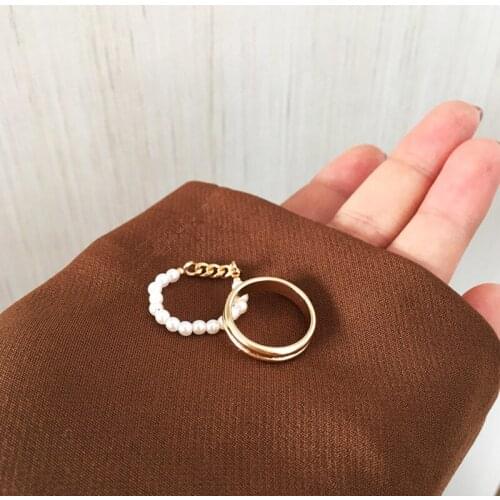 2pcs/set Fashion Imitation Pearl Rings For Women Gold Color Round Wave Geometric Rings Set Wedding Party Jewelry New