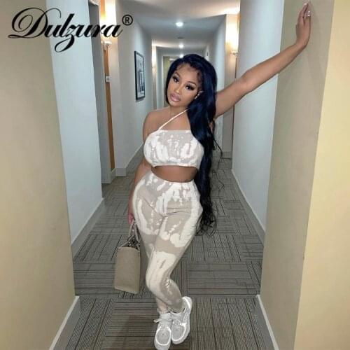Dulzura Tie Dye Print Ribbed Women 2 Piece Set Tube Crop Top Tanks Ruched Leggings Bodycon Sexy Streetwear Tracksuit 2021 Summer
