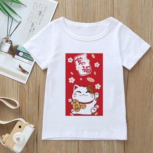 Casual Print Children Kids Shirt Cute Boys Girls T-shirt Cat Kawaii Round Neck Korean Design Harajuku Simple White Kids T-shirts