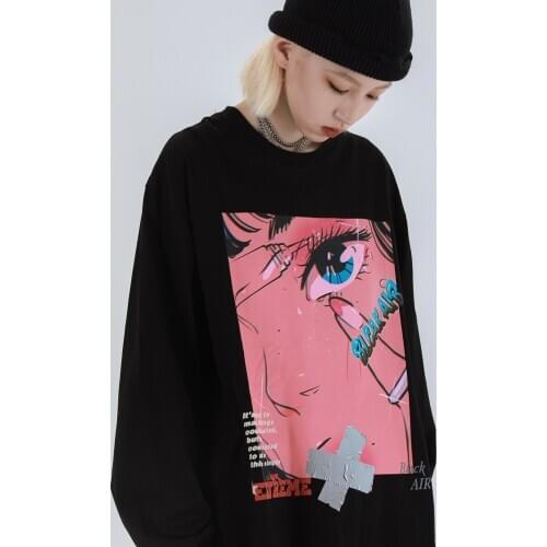2021 Women Hip Hop Oversized T Shirt Long Sleeve Streetwear Japanese Anime Girl Tshirt Harajuku Cartoon Tops Tees Cotton Loose