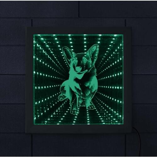 Cardigan Welsh Corgi Animated Neon Light Tunnel Lamp Infinity Mirror Frame Puppy Pet Hound Never-ending Reflections Moon Lamp