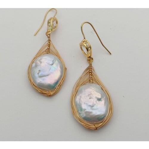 Cultured White Coin Keshi Pearl Gold color Plated Handmade Hook Earrings
