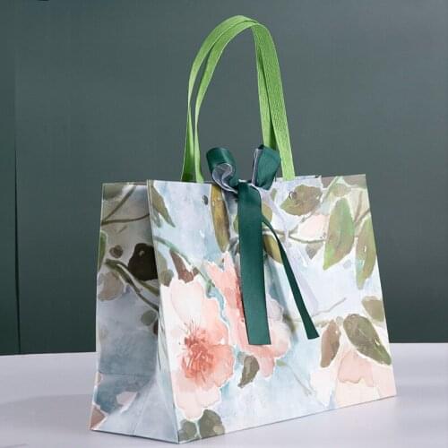 AVEBIEN New Oil Painting Style Flower Leaf Exquisite Birthday Gift Bag Event Holiday Gift Bow Portable Paper Bag Party Supplies