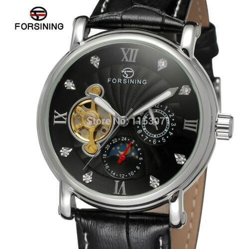 NEW ARRIVE! FORSINING FSG800M3S10 silver color case black dial with stones black genuine leather strap free shipping