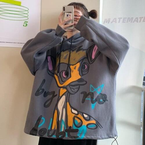 Extra Large Lovely Women Autumn Winter Ins Plush BF Lazy Wind Fashion Hoodie Cartoon Pattern 2020 New Age Reduction Cover Belly