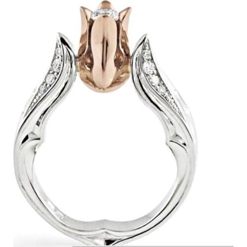 Silver Plated Geometric with Rhinestone Finger Ring for Elegant Women Rose Gold Color Flower Jewelry